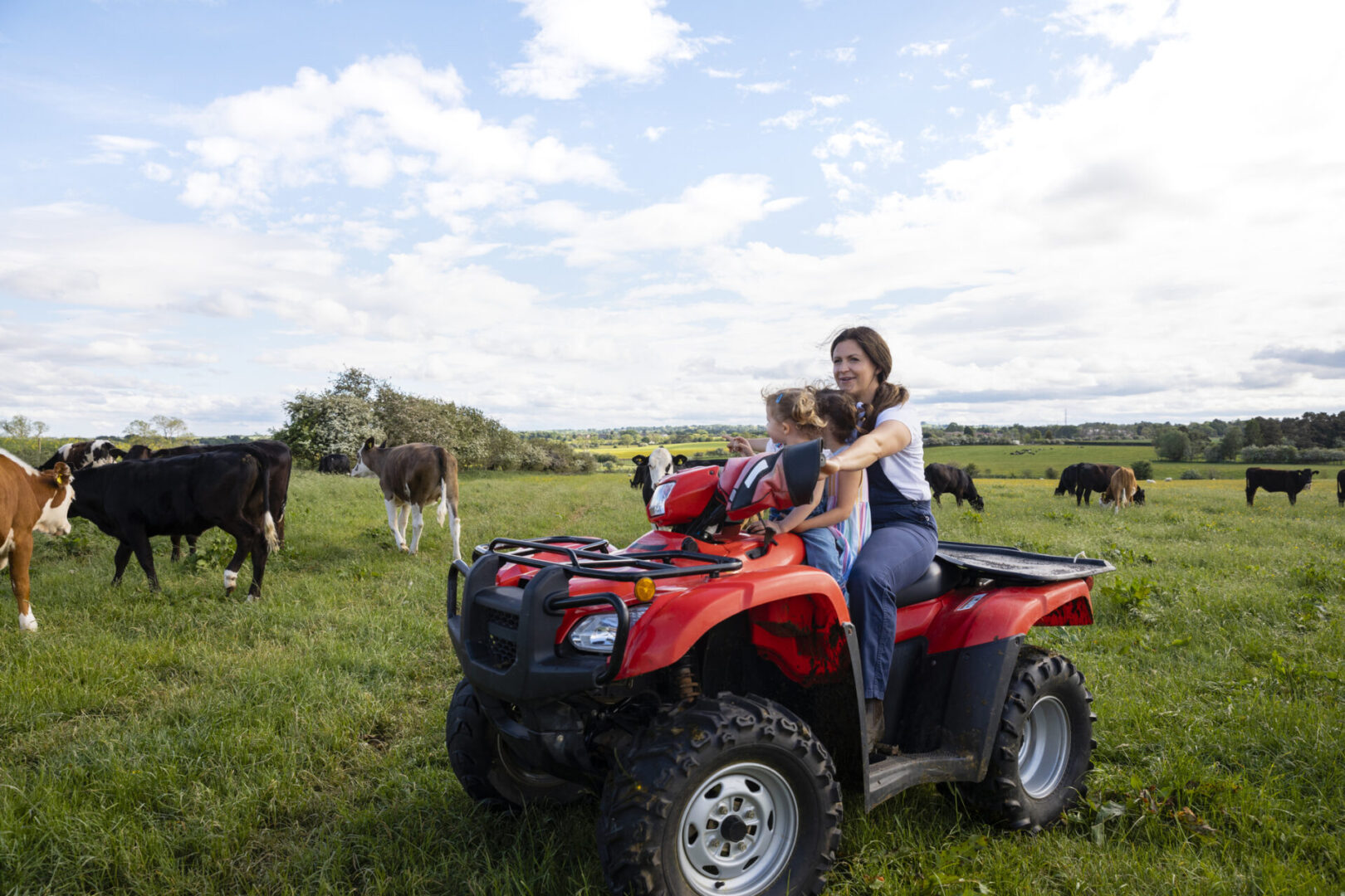 Family enjoying ATV ride with cows